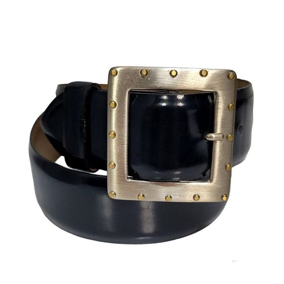 Vintage 80s 90s Linea Pelle Smooth Dark Blue‎ Leather Belt Studded Buckle - Picture 1 of 10